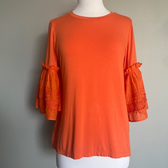 KOBI HALPERIN Embroidered Ruffle Flutter Bell Sleeve Jersey Top Blouse Tangerine - Picture 6 of 16